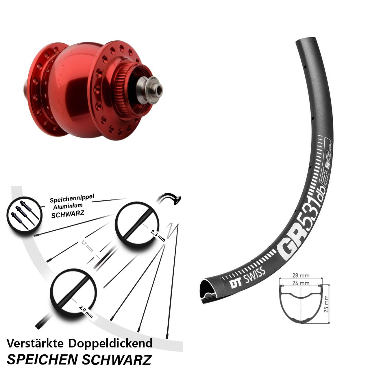 Nabendynamovorderrad Centerlock QR 27,5 Zoll DT Swiss GR531 SON 28 rot