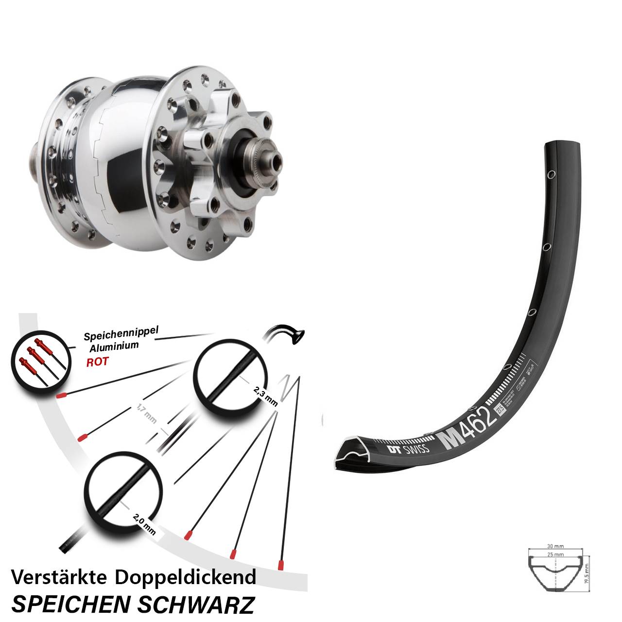 27,5 Zoll DT Swiss M 462 SON 28 poliert Dynamo-Vorderrad 6-Loch QR