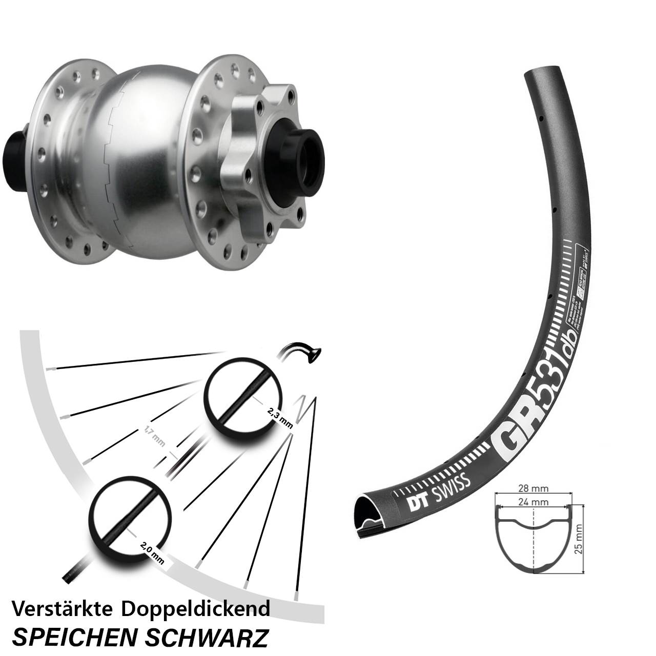 Boost 6-Loch Vorderrad mit Nabendynamo 15x110 29 Zoll DT Swiss GR 531 SON 28
