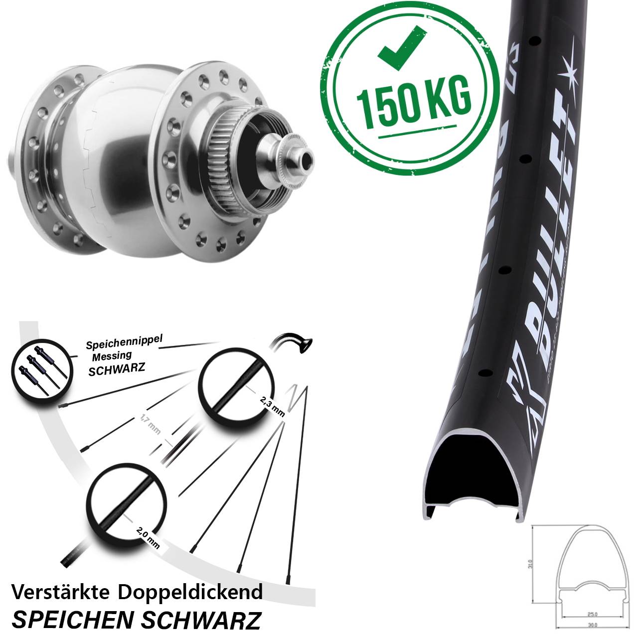 Disc Nabendynamo-Laufrad 28-29 Zoll KX Bullet SON 28 silbern für Schnellspanner