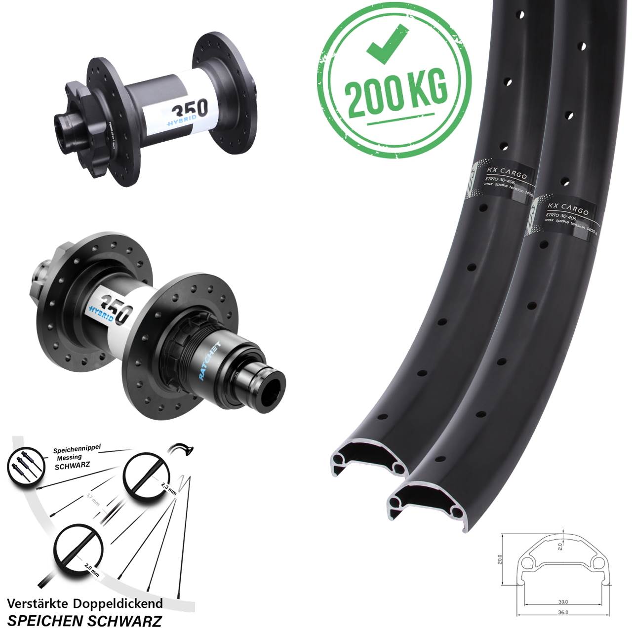 KX Cargo DT Swiss 350 Hybrid Disc Laufradsatz Boost schwarz