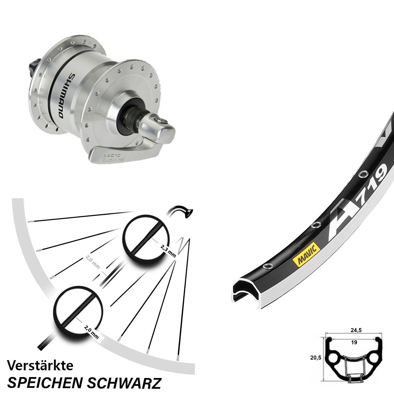 Nabendynamo Vorderrad 28 Zoll Shimano DH-3N72 Mavic A 719