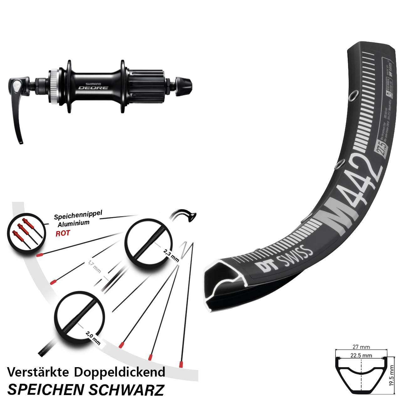 28-29 Zoll DT Swiss M442 Shimano Deore Disc Hinterrad für Schnellspanner 8-11 fach