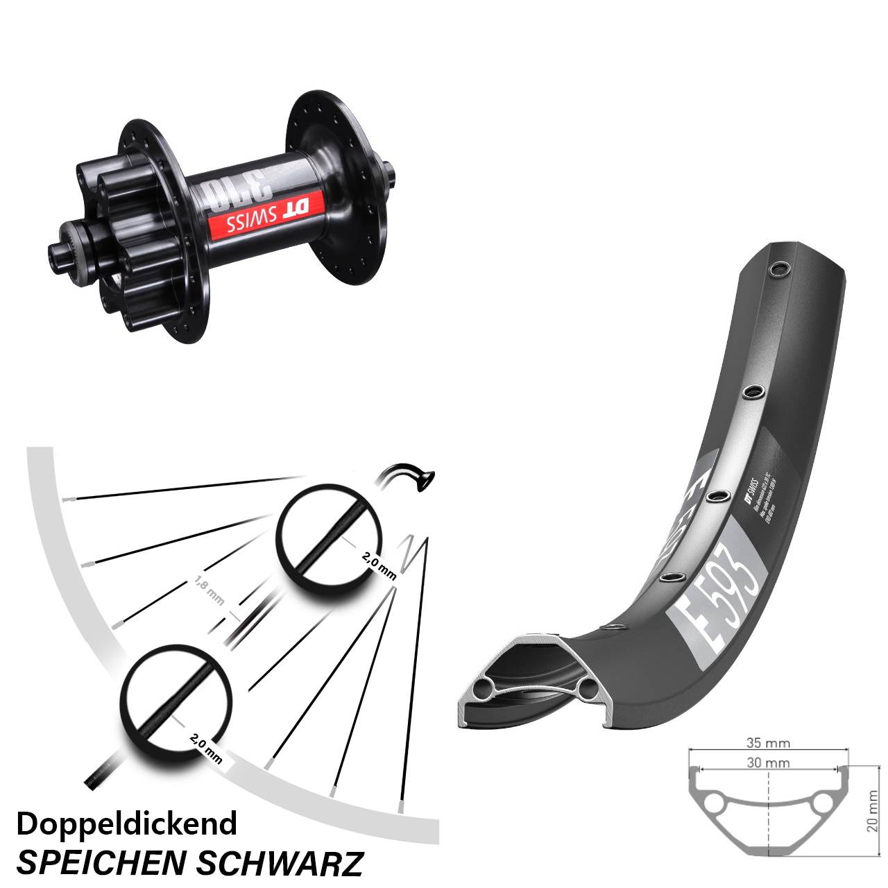 6-Loch Vorderrad für Schnellspanner 27,5 Zoll DT Swiss E593-370