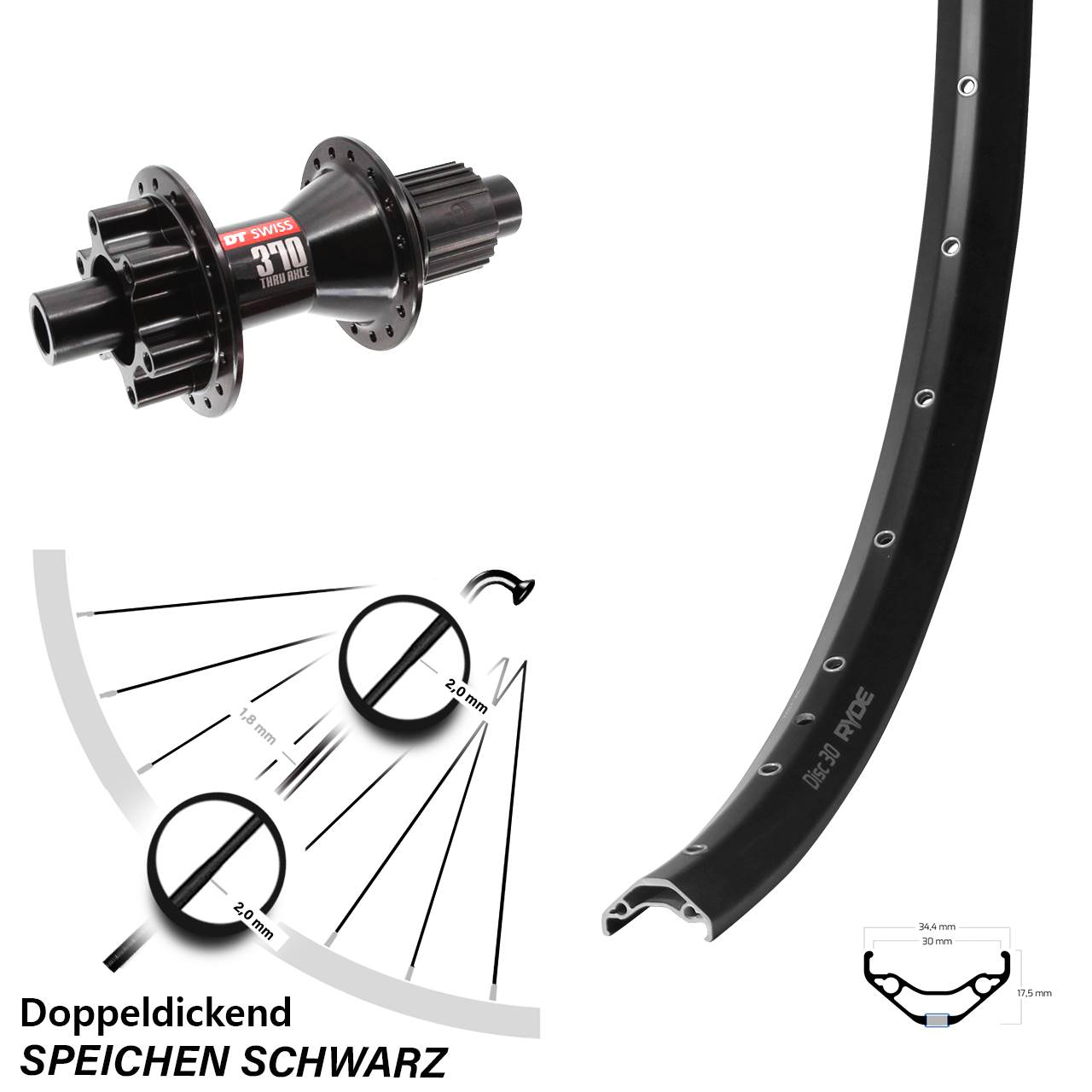 29 Zoll Ryde Disc 30 DT Swiss 370 Hybrid Hinterrad 12x142 Shimano Micro Spline