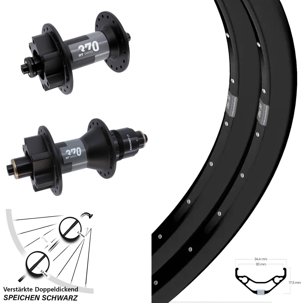 Laufrad-Satz für Schnellspanner 27,5 Zoll Ryde Disc 30 DT Swiss 370 SRAM XD