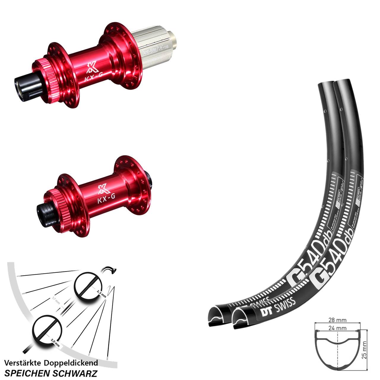 28-29 Zoll DT Swiss G540 KX-G rot Disc Laufrad-Satz 12x100/142 8-12 fach HG