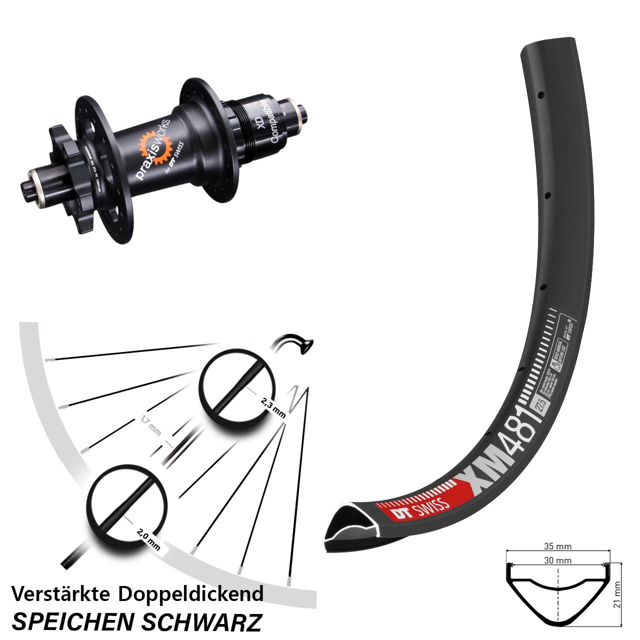 27,5 Zoll DT Swiss XM 481-350 Hinterrad 6-Loch QR XD