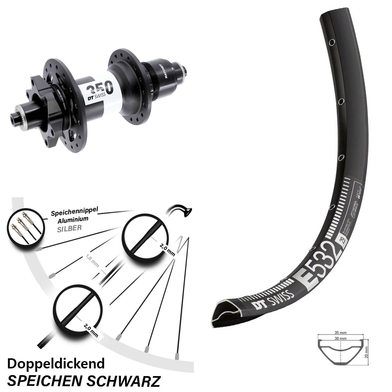 29 Zoll DT Swiss E 532-350 Boost 6-Loch Hinterrad für Schnellspanner Boost XD 11-12 fach