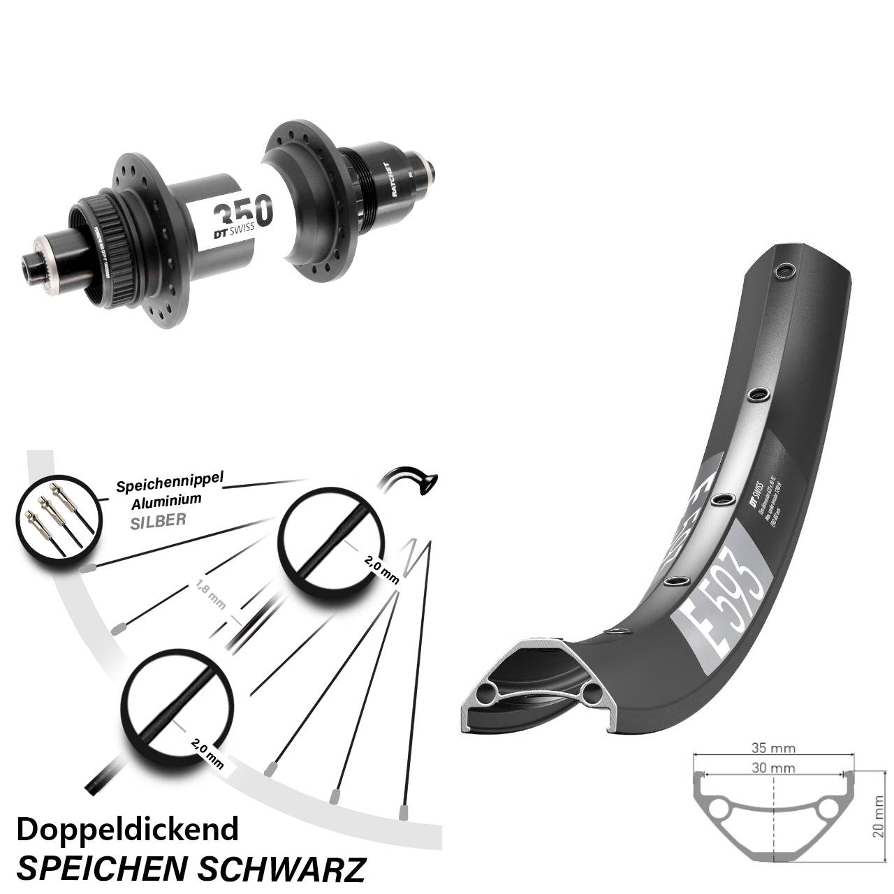 Boost Centerlock Hinterrad für Schnellspanner 650B DT Swiss E593-350 SRAM XD