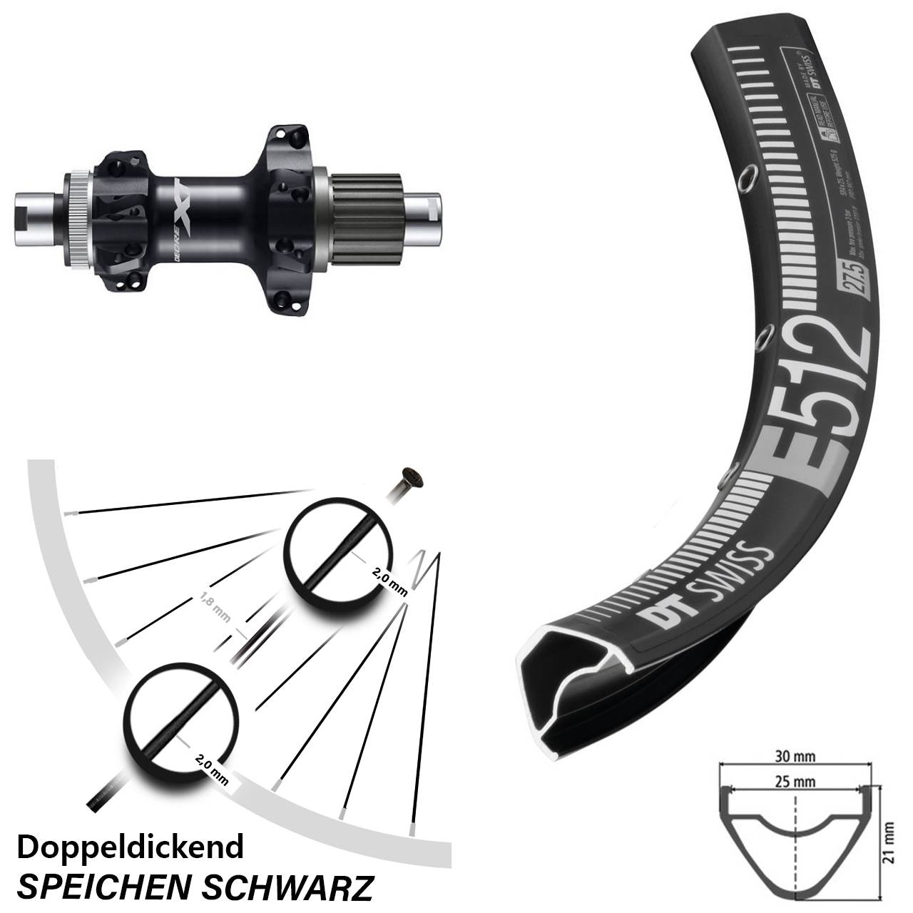 Shimano Deore XT DT Swiss E512 Disc Hinterrad 27,5 Zoll 12x148 Micro Spline Straightpull
