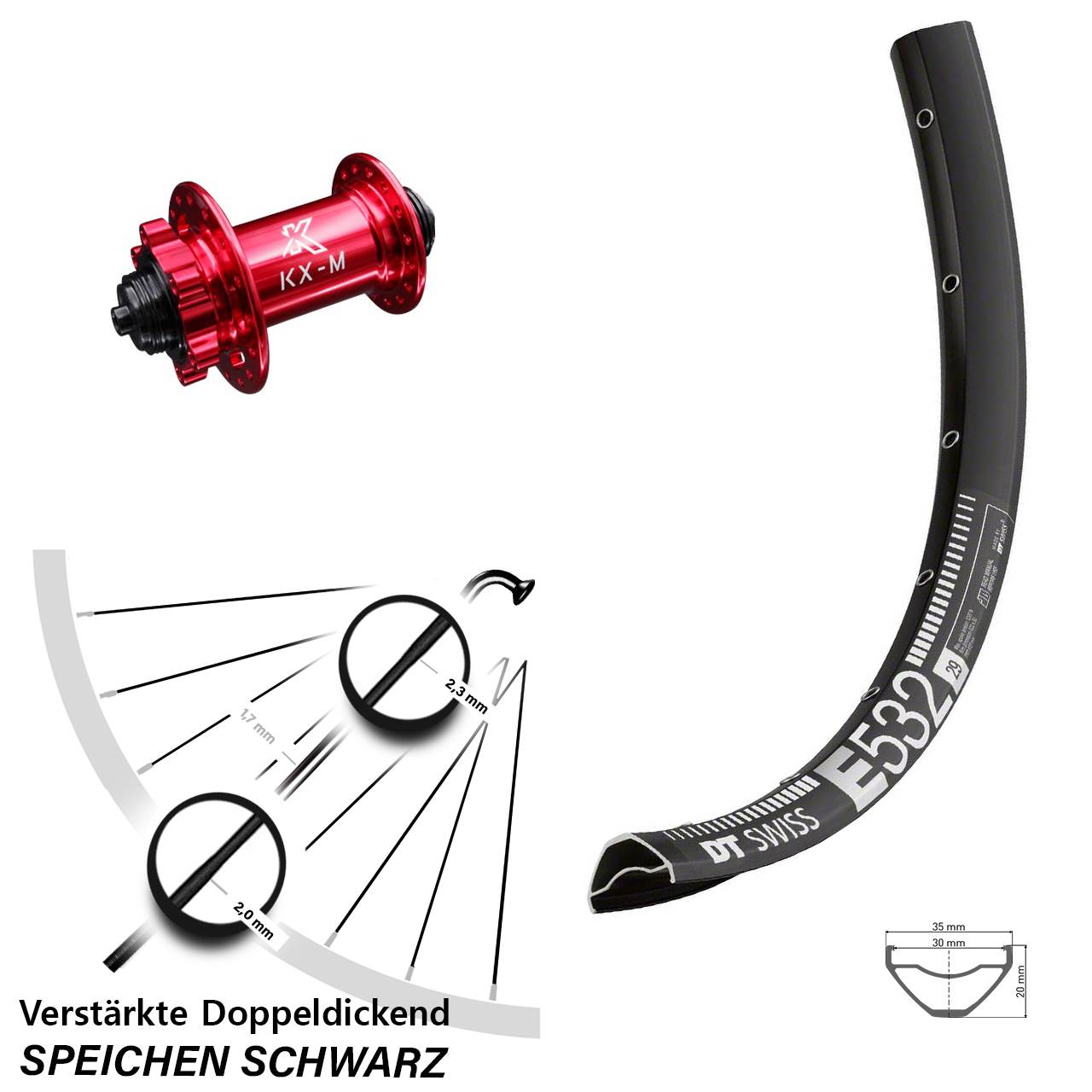 29 Zoll DT Swiss E 532 KX-M rot Vorderrad 6-Loch QR