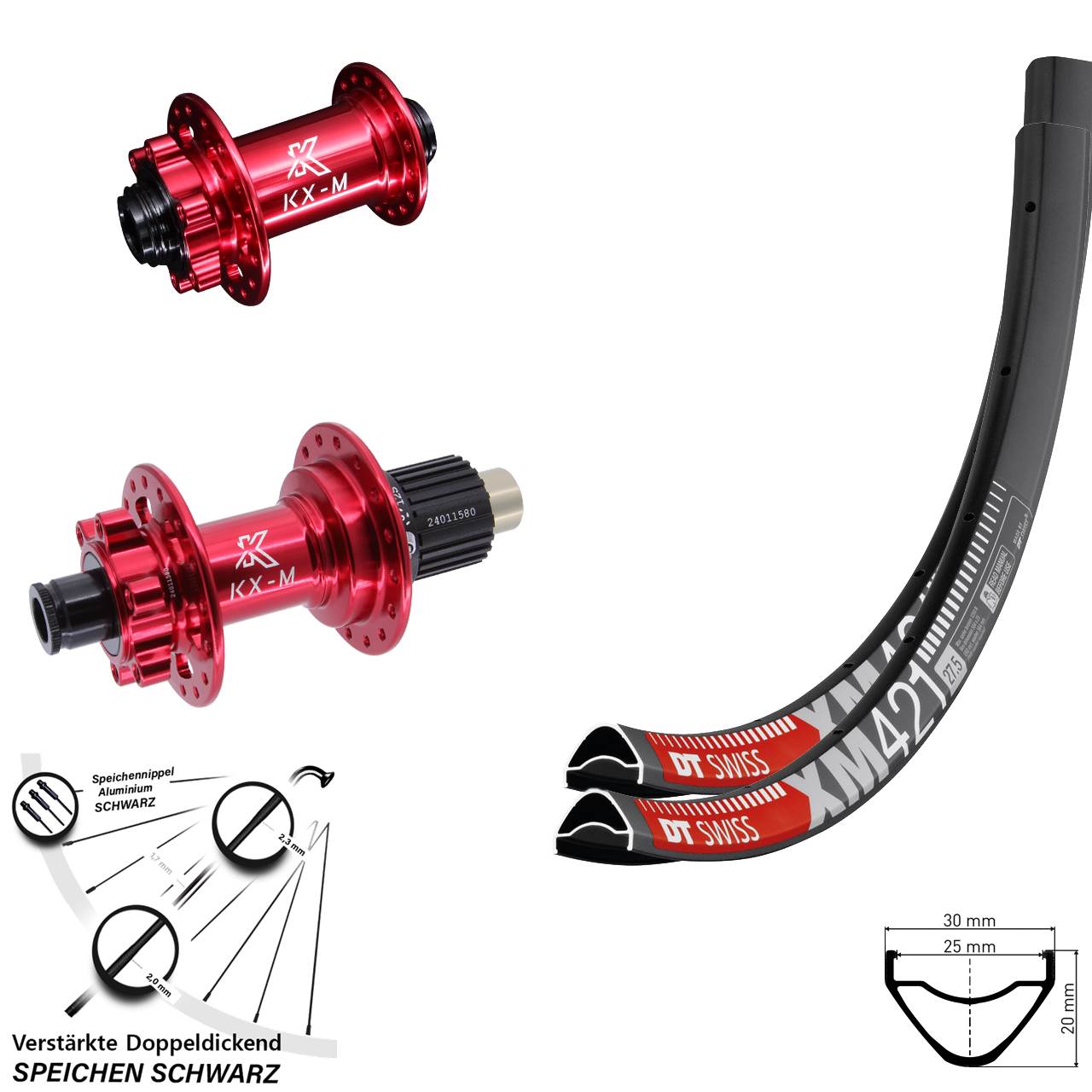 6-Loch Laufradsatz 27,5 Zoll DT Swiss XM 421 KX-M rot Micro Spline 15x100 12x142