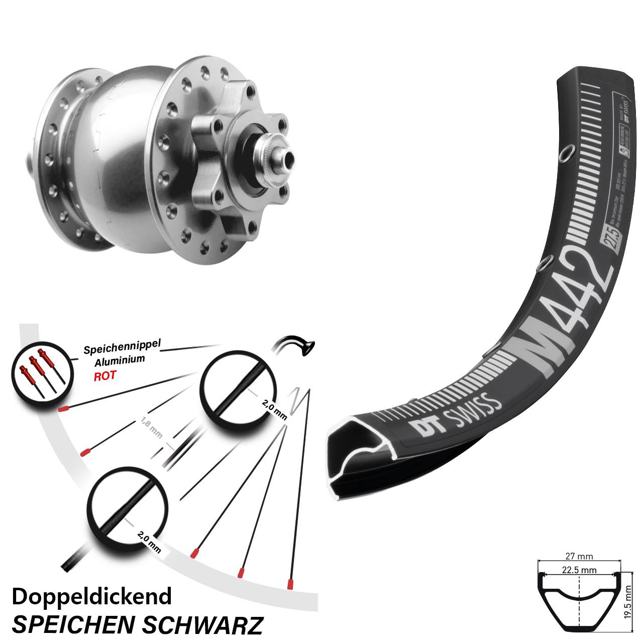 6-Loch Vorderrad mit Nabendynamo QR 29 Zoll DT Swiss M442 SON 28