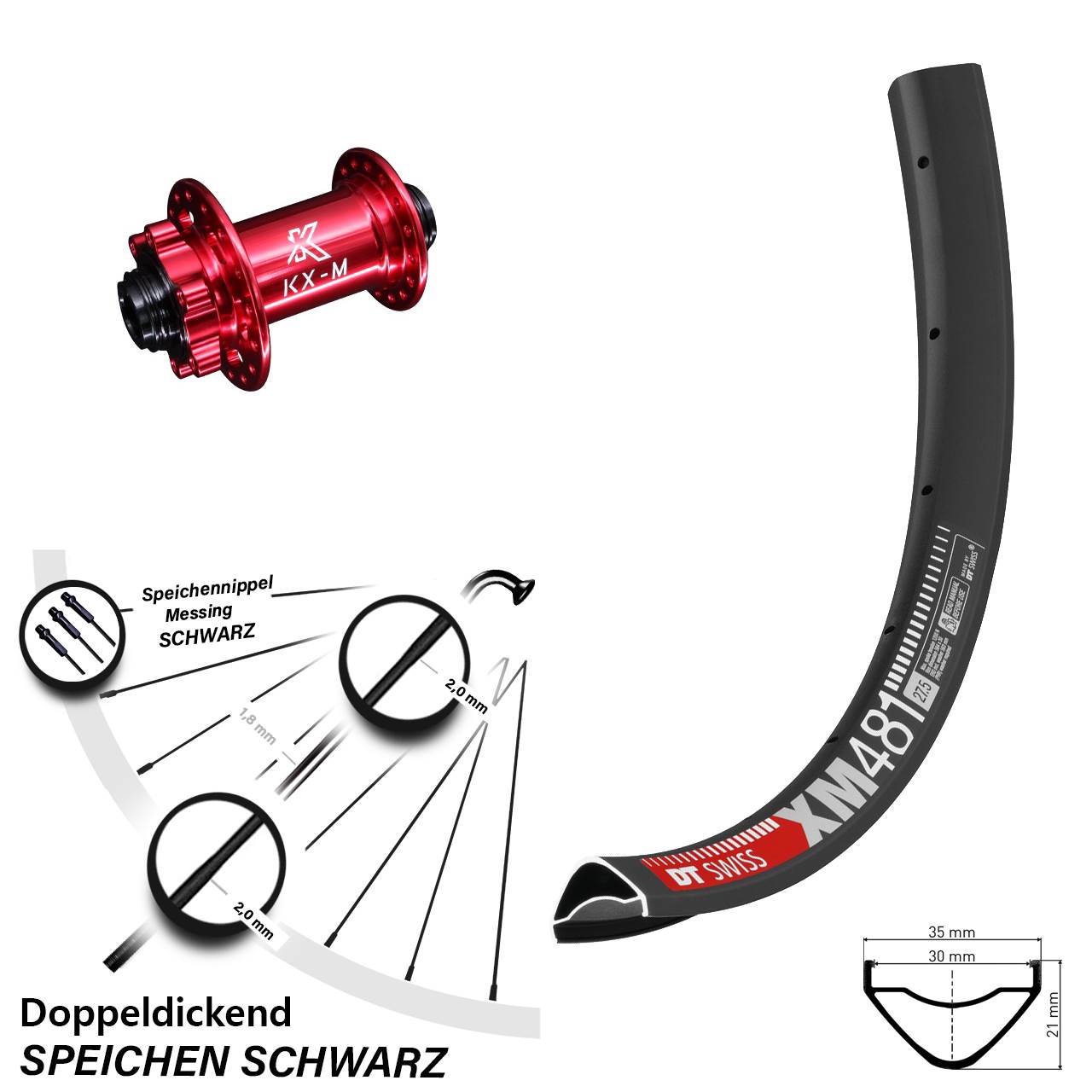 27,5 Zoll DT Swiss XM481 KX-M rot Vorderrad 6-Loch 15x100
