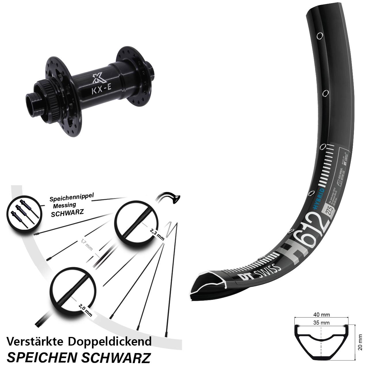 Boost Vorderrad Centerlock 15x110 27,5 Zoll DT Swiss H612 KX-E Heavy Duty