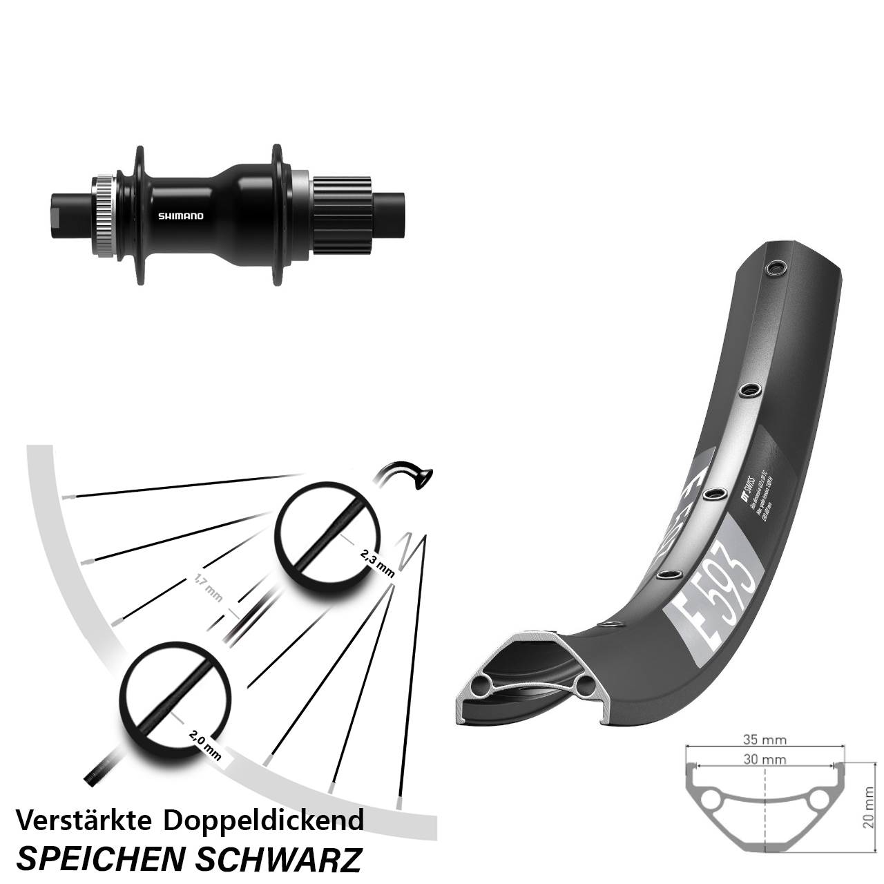 29 Zoll DT Swiss E 593 Shimano FH-TC500-B Boost Disc Laufrad 12x148 Micro Spline
