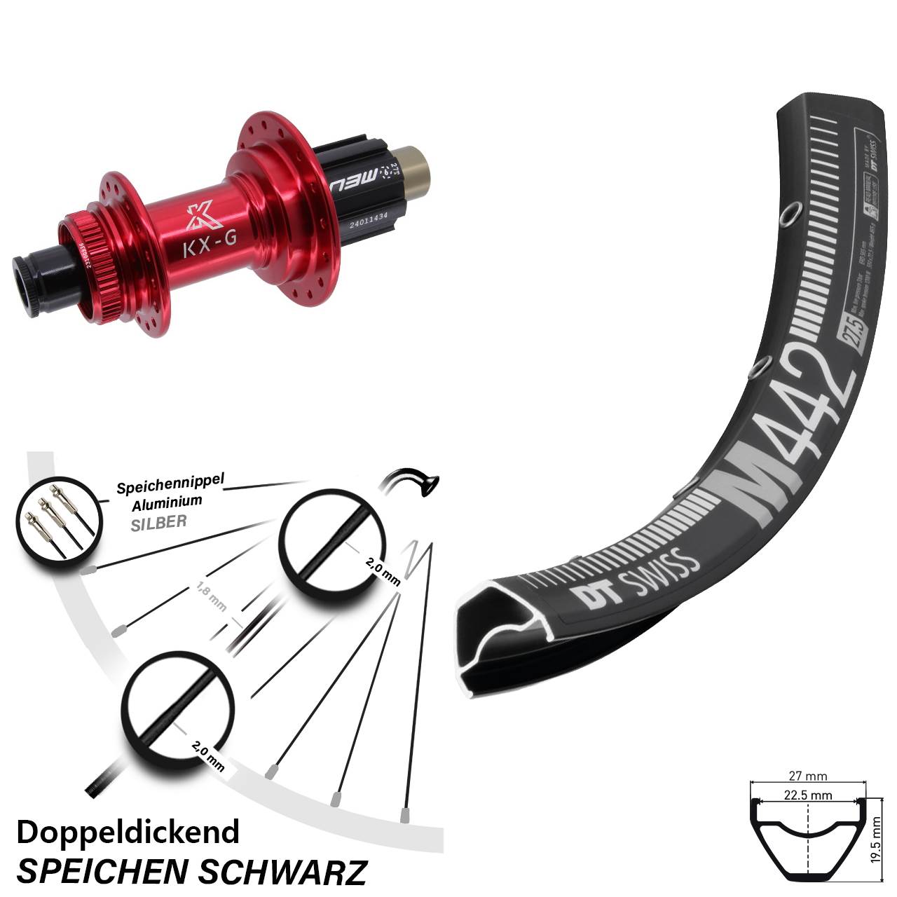 28 Zoll DT Swiss M 442 Hinterrad KX-G rot N3W 12x142