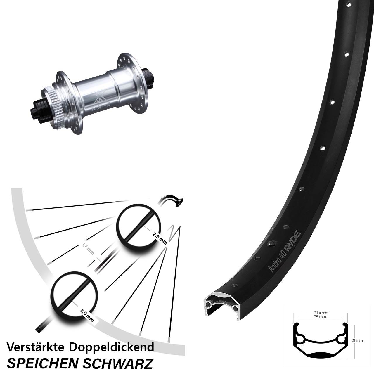 KX-E Schnellspanner Ryde Andra 40 Disc Vorderrad 20 Zoll Centerlock