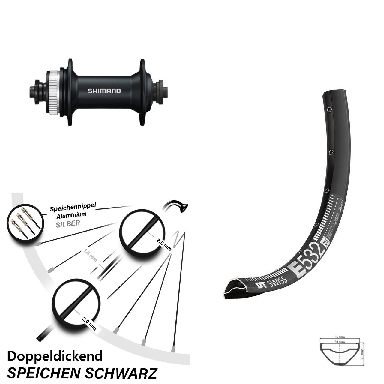 DT Swiss E532 Shimano HB-M4050 29 Zoll Vorderrad Centerlock für Schnellspanner