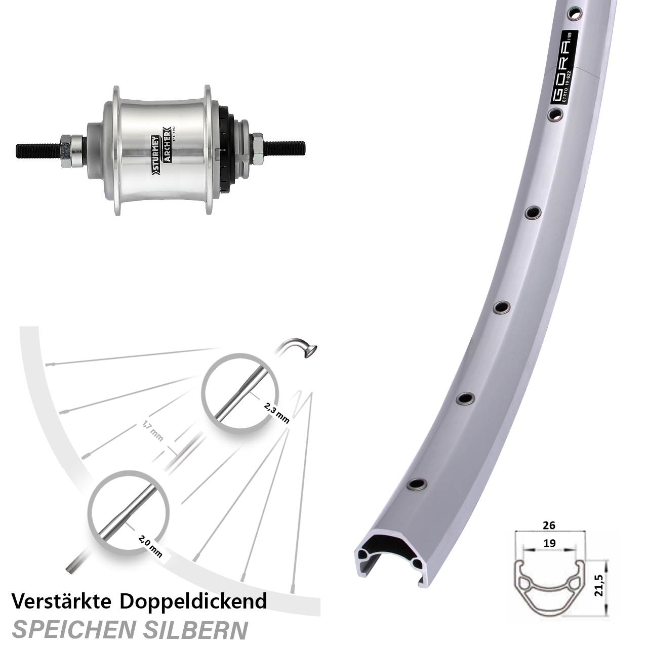 Gora 19 Hinterrad 28 Zoll Sturmey Archer Automatic 2 Gang silbern