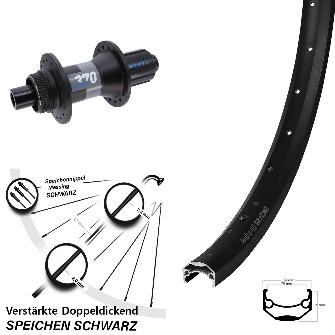 20 Zoll Ryde Andra 40 DT Swiss 370 Hybrid Disc Laufrad 12x148 8-11 fach