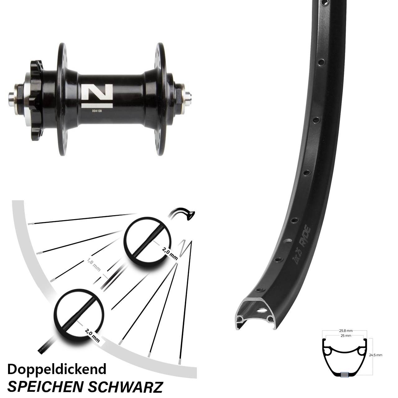 28 Zoll Ryde ZAC 25 Novatec D-041 Disc Vorderrad QR