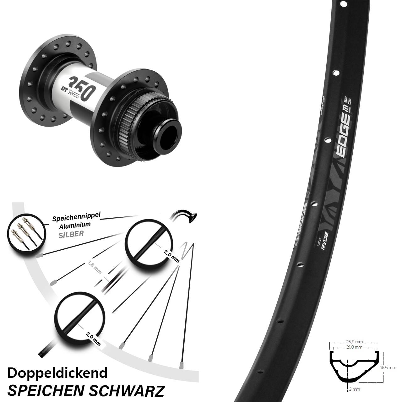 Vorderrad 28 Zoll Ryde Edge M22 OS Disc DT Swiss 350 12x100 schwarz