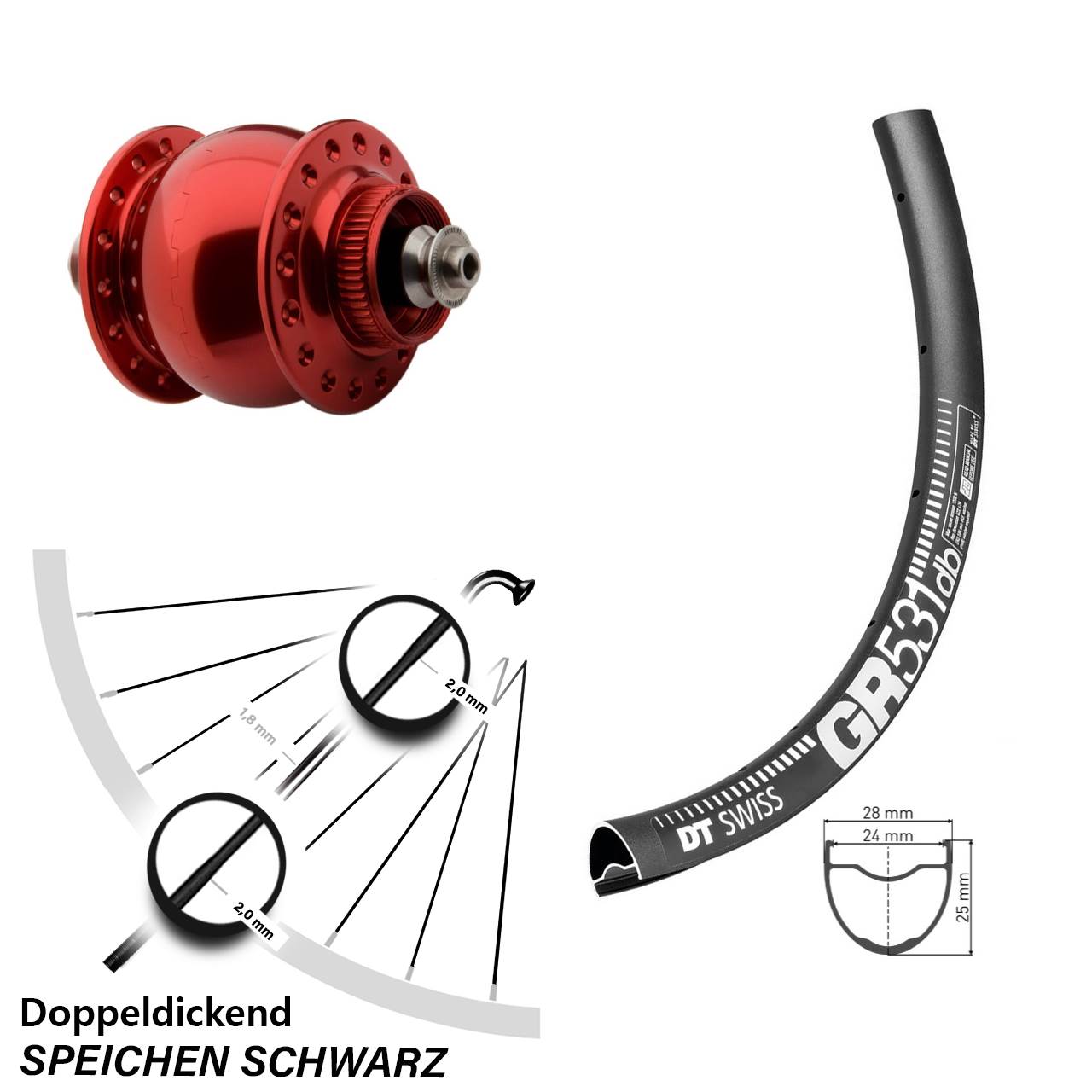 Nabendynamo-Vorderrad Centerlock 27,5 Zoll DT Swiss GR 531 SON 28 rot QR