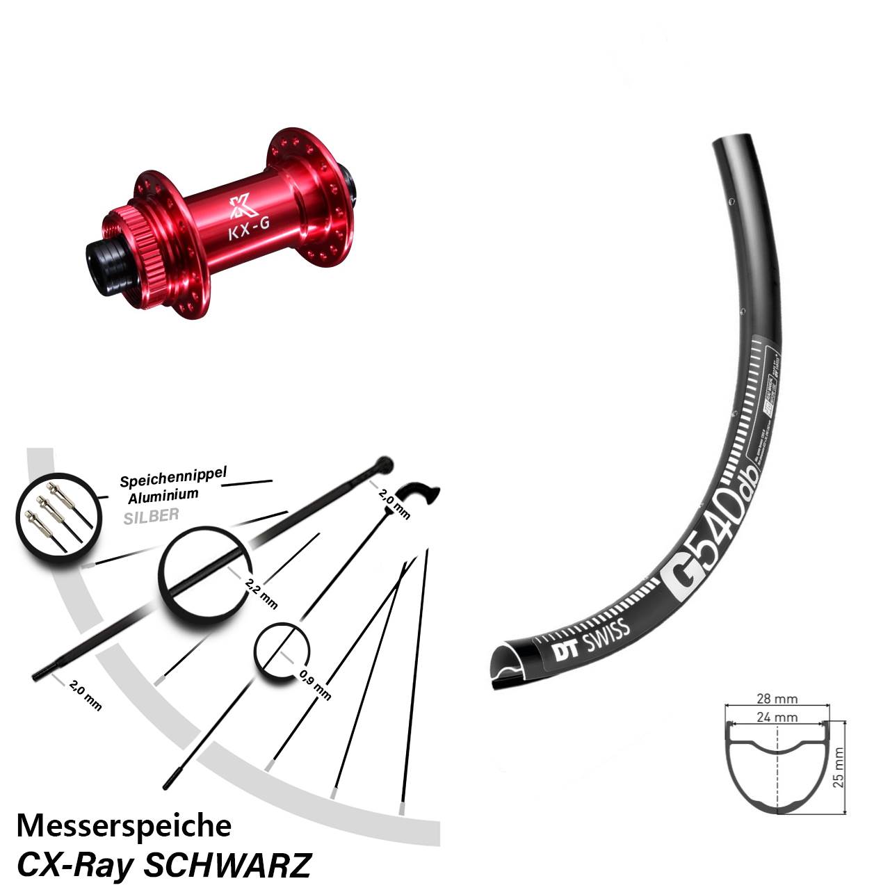 Centerlock Vorderrad 12x100 28 Zoll DT Swiss G 540 KX-G rot CX-Ray