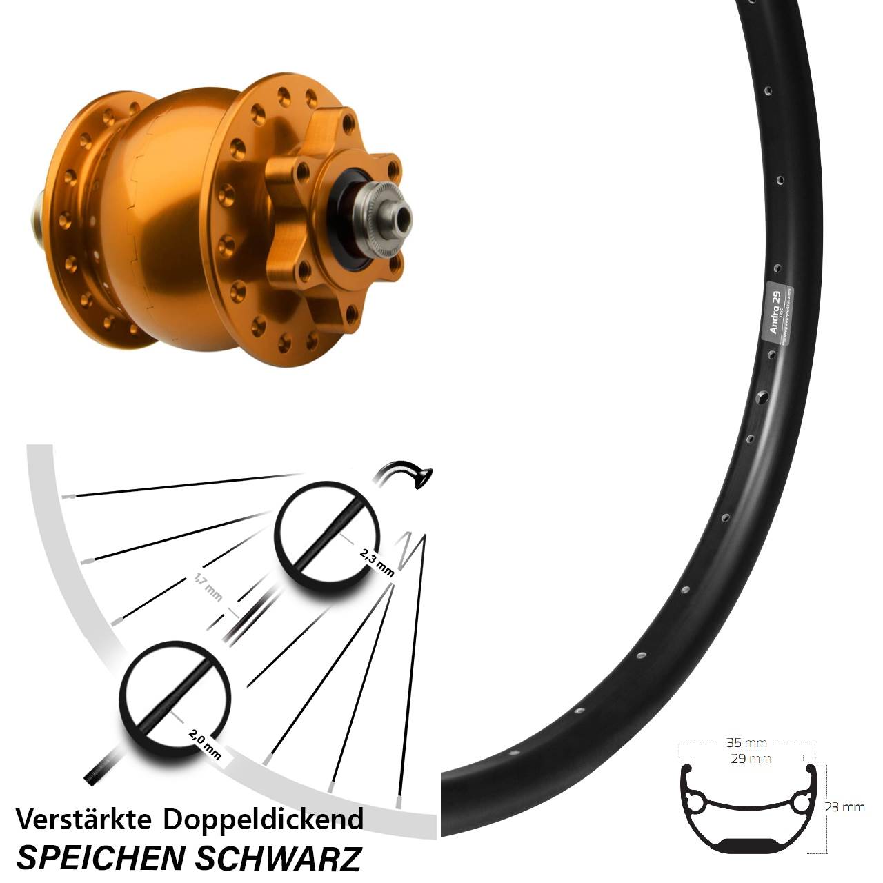 Disc Vorderrad mit Nabendynamo Ryde Andra 29 Zoll SON 28 orange QR