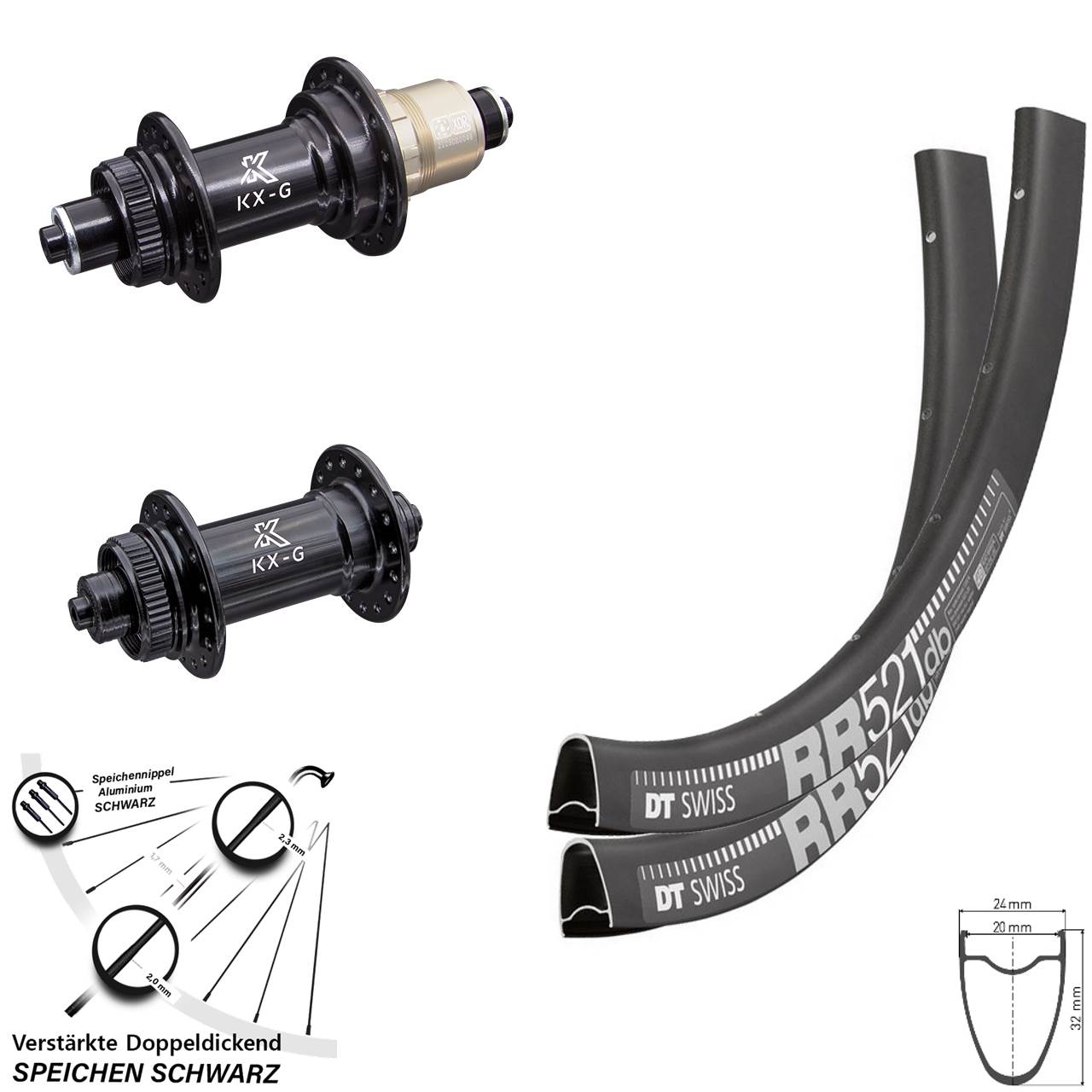 28 Zoll DT Swiss RR521 KX-G Disc Laufradsatz für Schnellspanner SRAM XDR