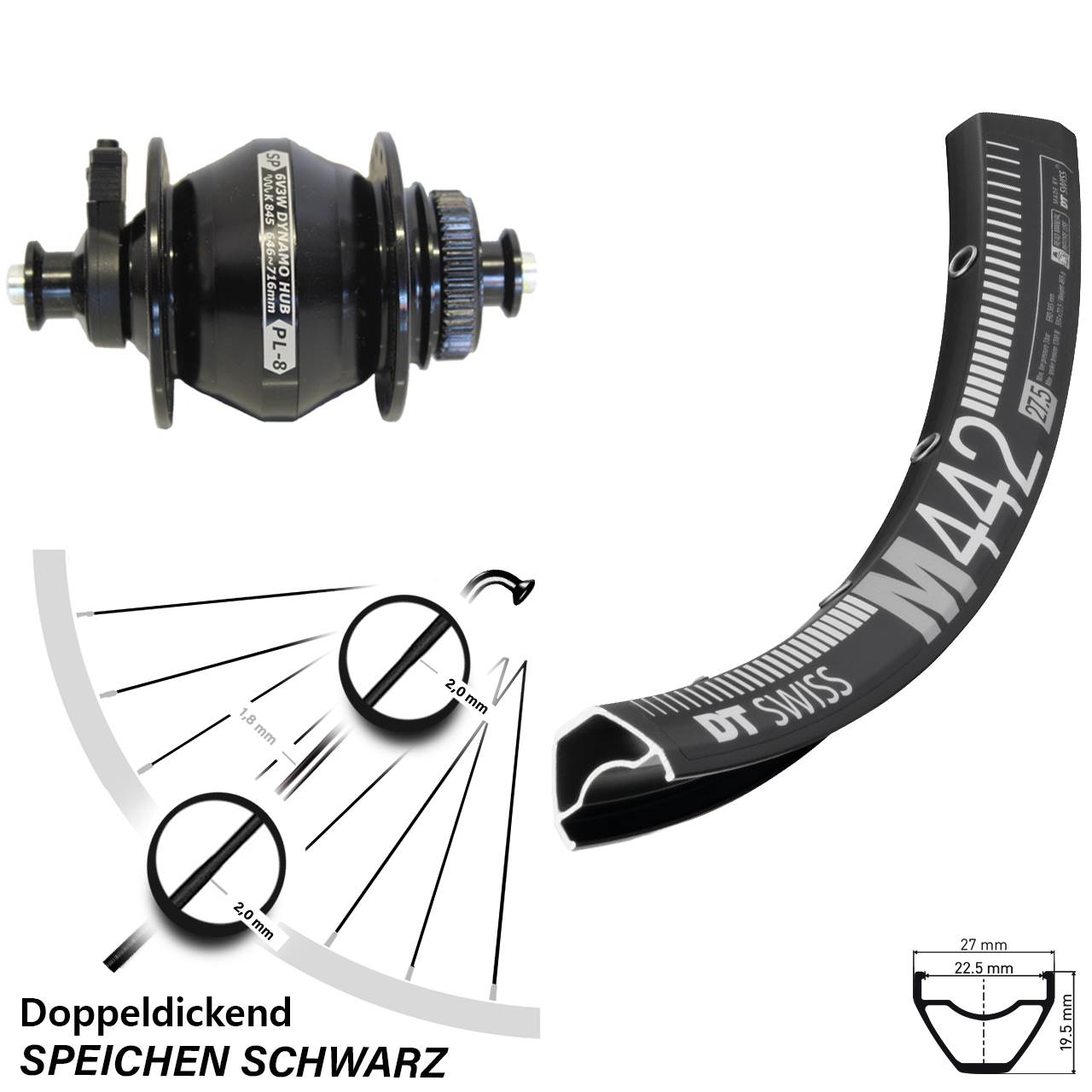 DT Swiss M 442 Shutter Precision PL-8 28-29 Zoll Nabendynamovorderrad Centerlock QR