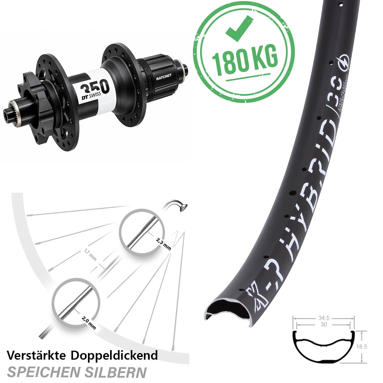 29 Zoll KX-R Hybrid 30 DT Swiss 350 Disc Hinterrad für Schnellspanner XD
