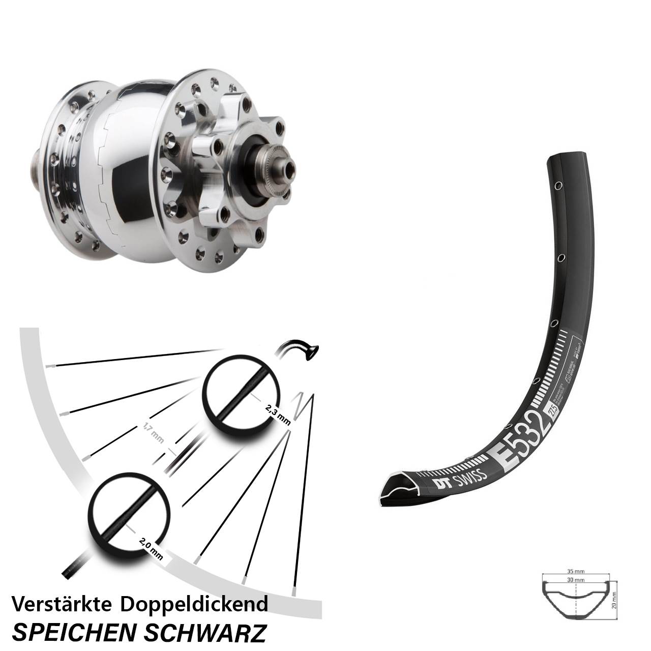 SON 28 poliert DT Swiss E532 27,5 Zoll Disc Laufrad mit Nabendynamo für Schnellspanner