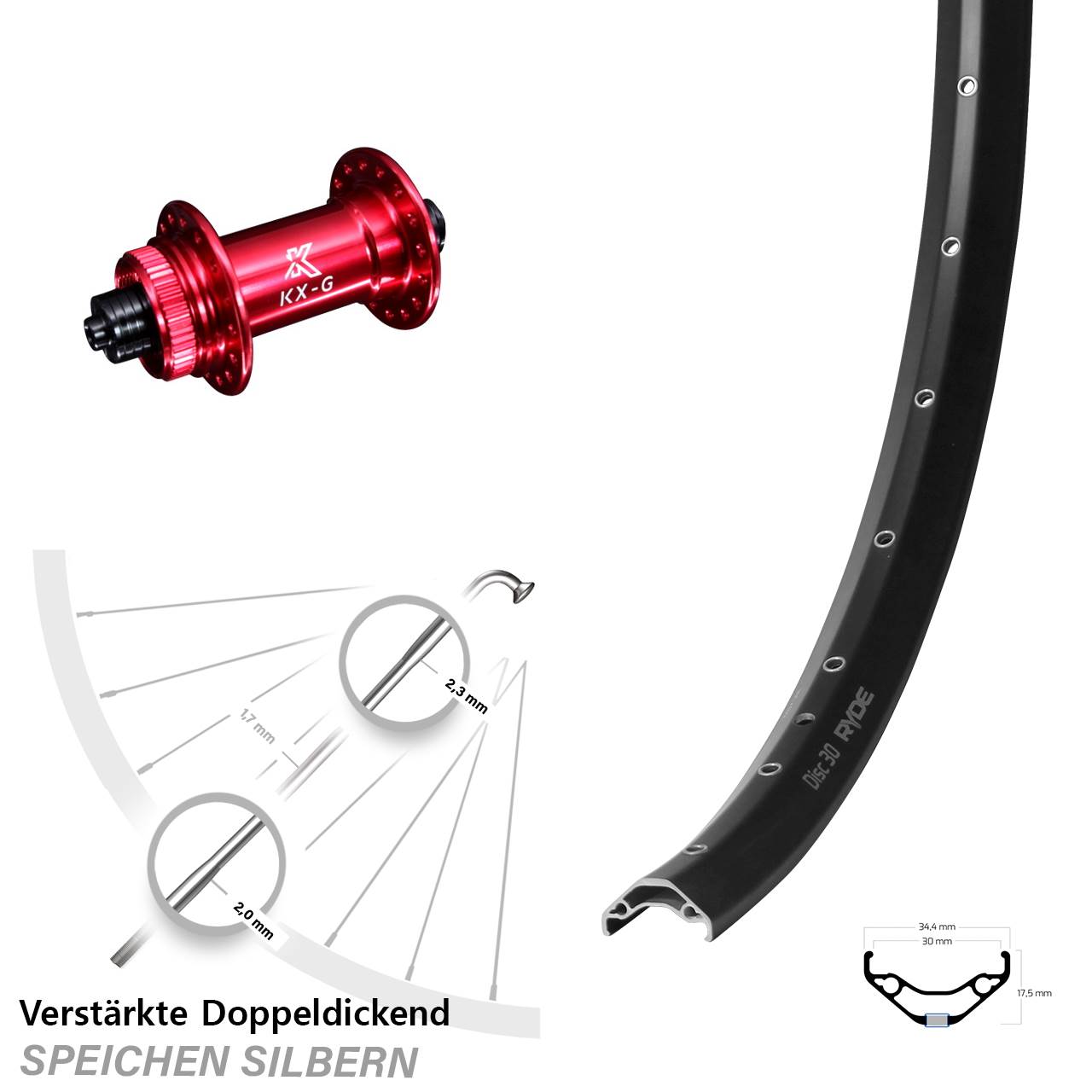 Ryde Disc 30 KX-G rot 29 Zoll Vorderrad für Schnellspanner