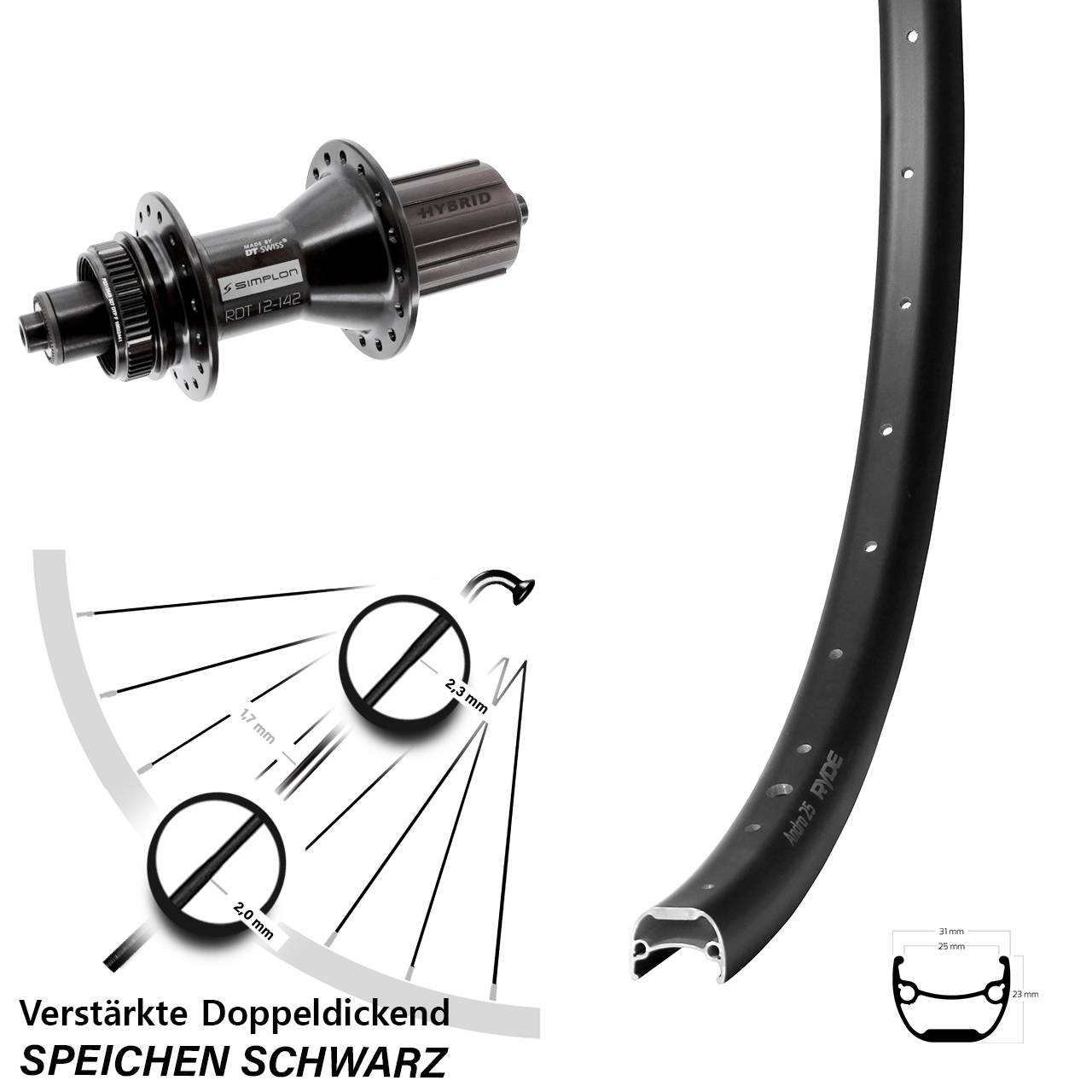 29 Zoll Ryde Andra 25 DT Swiss 370 Hybrid Disc Laufrad QR 8-11 fach