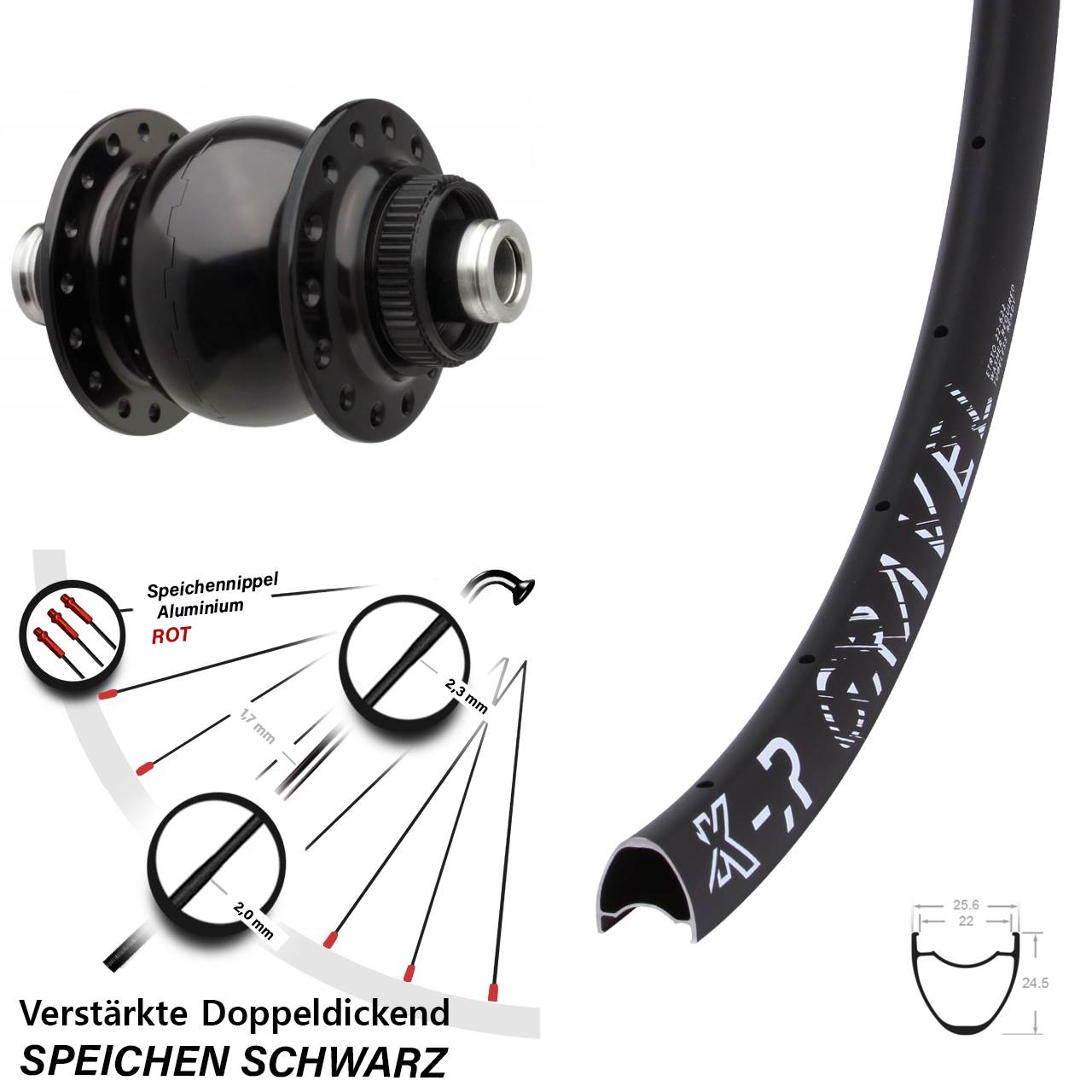 Dynamo Vorderrad KX-R Gravel SON 28-12 Disc Centerlock Steckachse 110 Boost schwarz