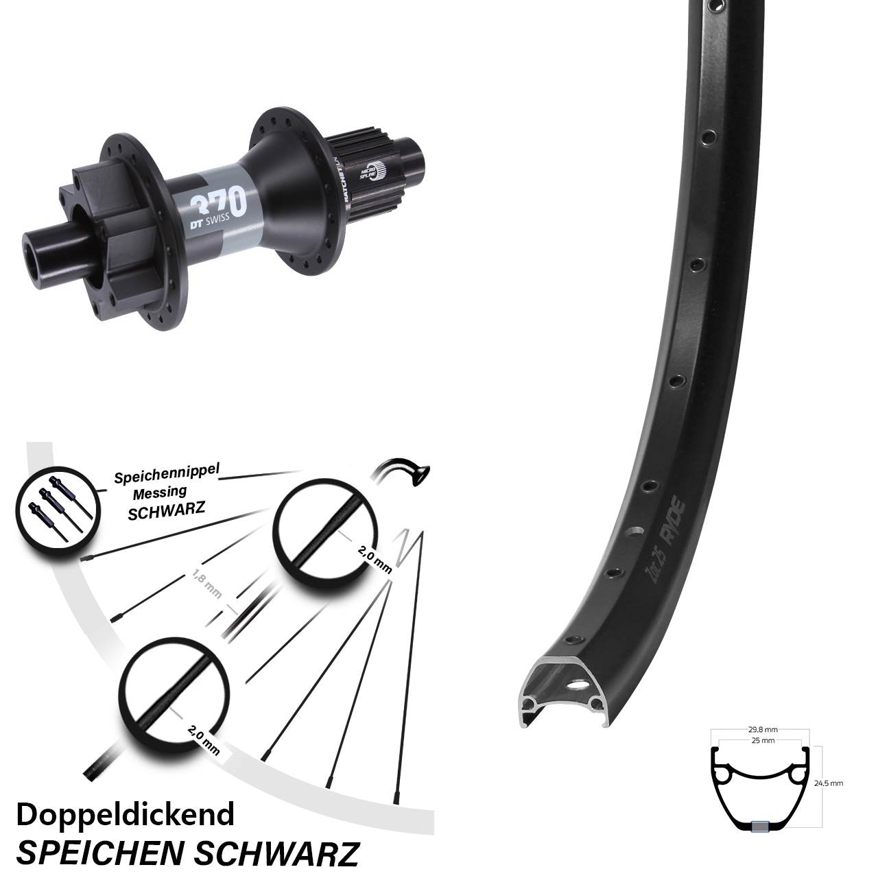 6-Loch Hinterrad 12x148 29 Zoll Ryde ZAC 25 DT Swiss 370 Shimano Micro Spline