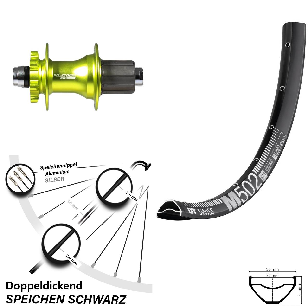 Hinterrad XLC Evo grün Steckachse DT Swiss M 502 29 Zoll 8-11 fach