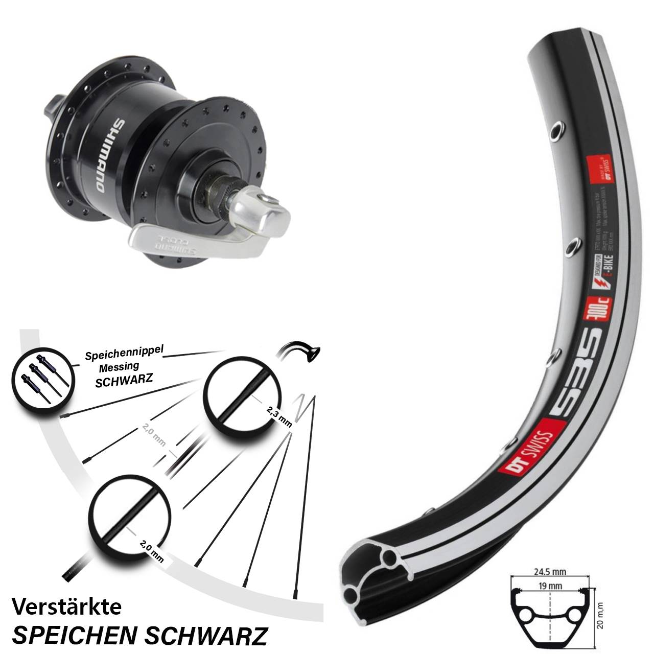 DT Swiss 535 Shimano DH-3N72 26 Zoll Laufrad mit Nabendynamo für Schnellspanner