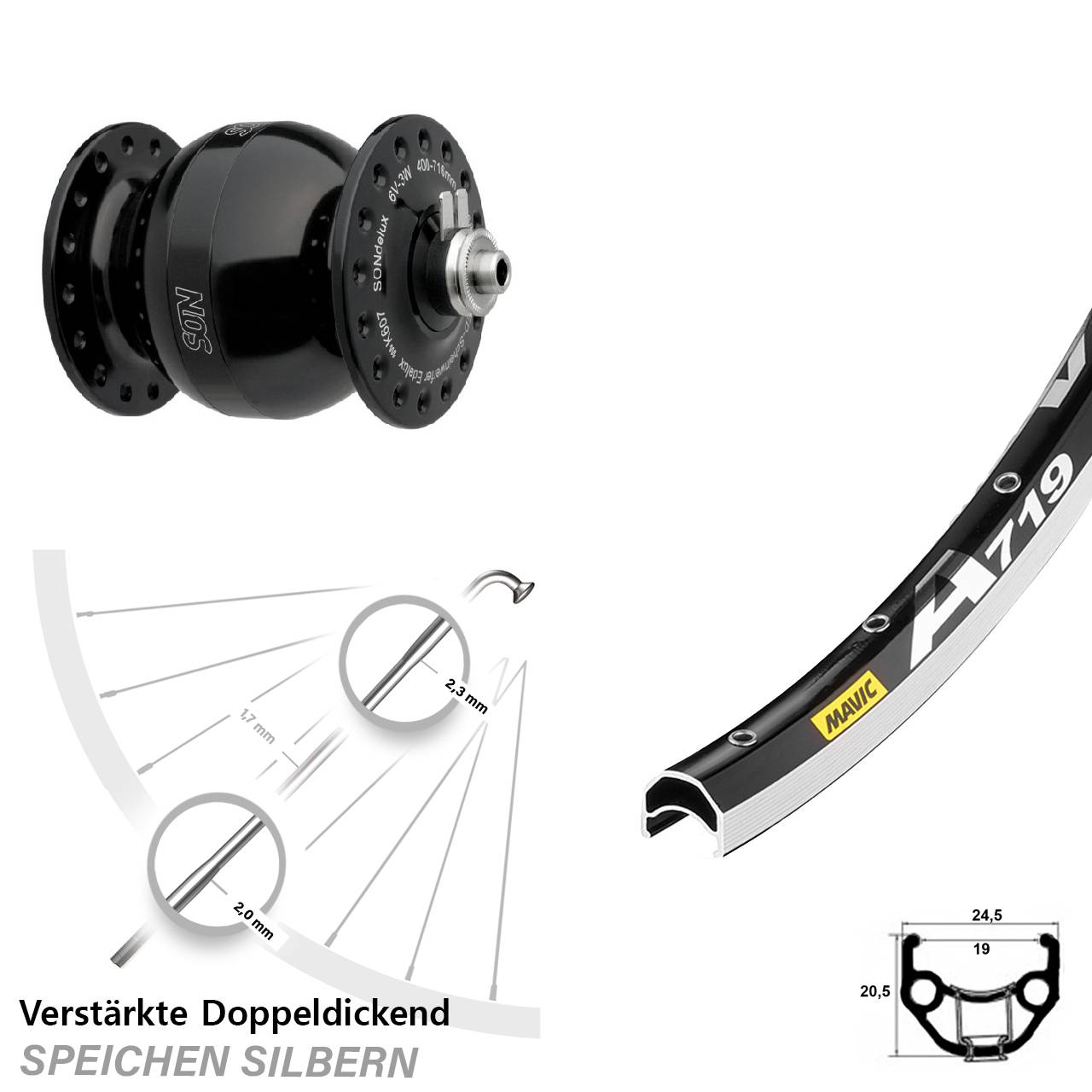 Vorderrad 28 Zoll Mavic A 719 schwarz SON delux Wide Body Felgenbremse schwarz