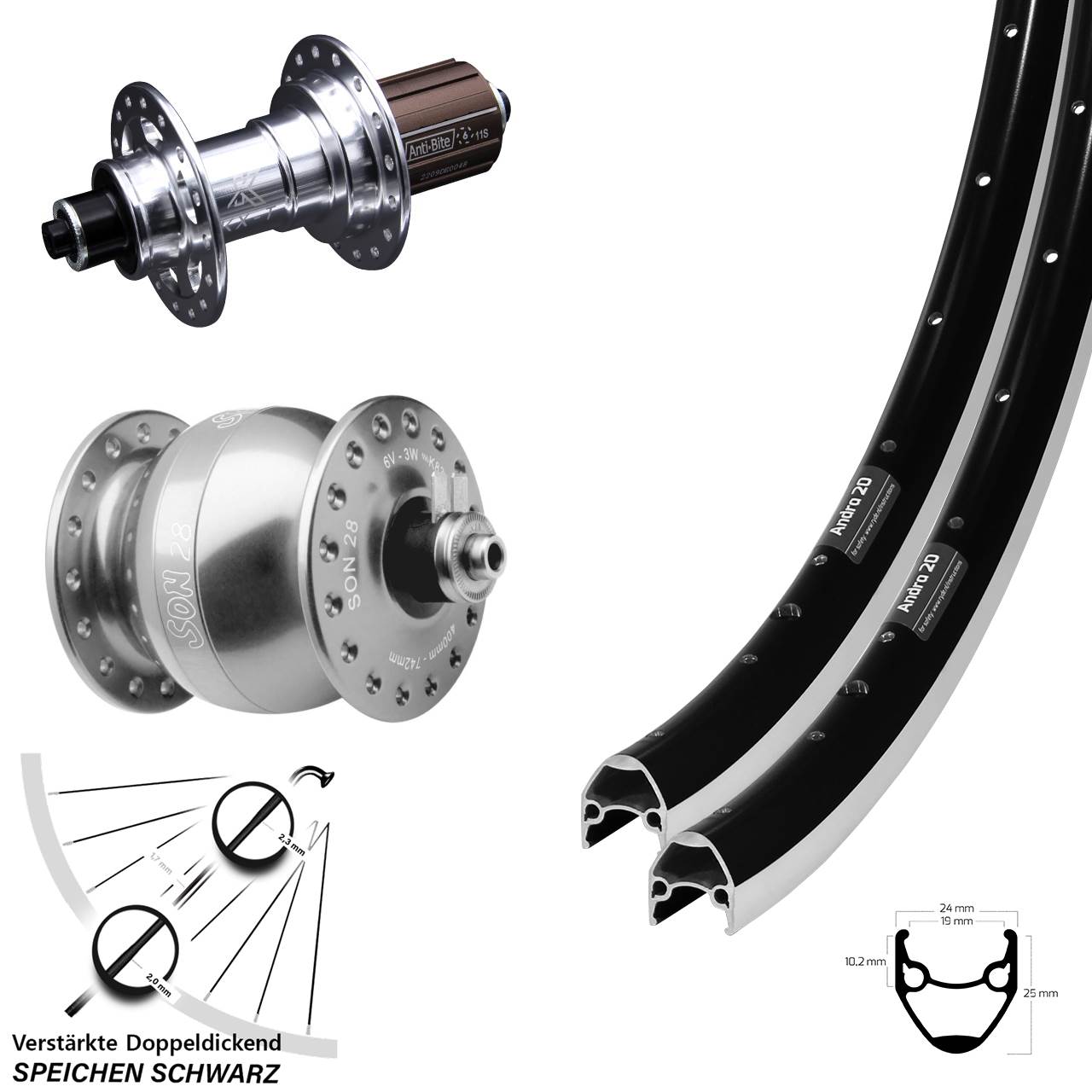 Ryde Andra 20 KX-T SON 28 28 Zoll Laufrad-Satz für Schnellspanner 8-12 fach