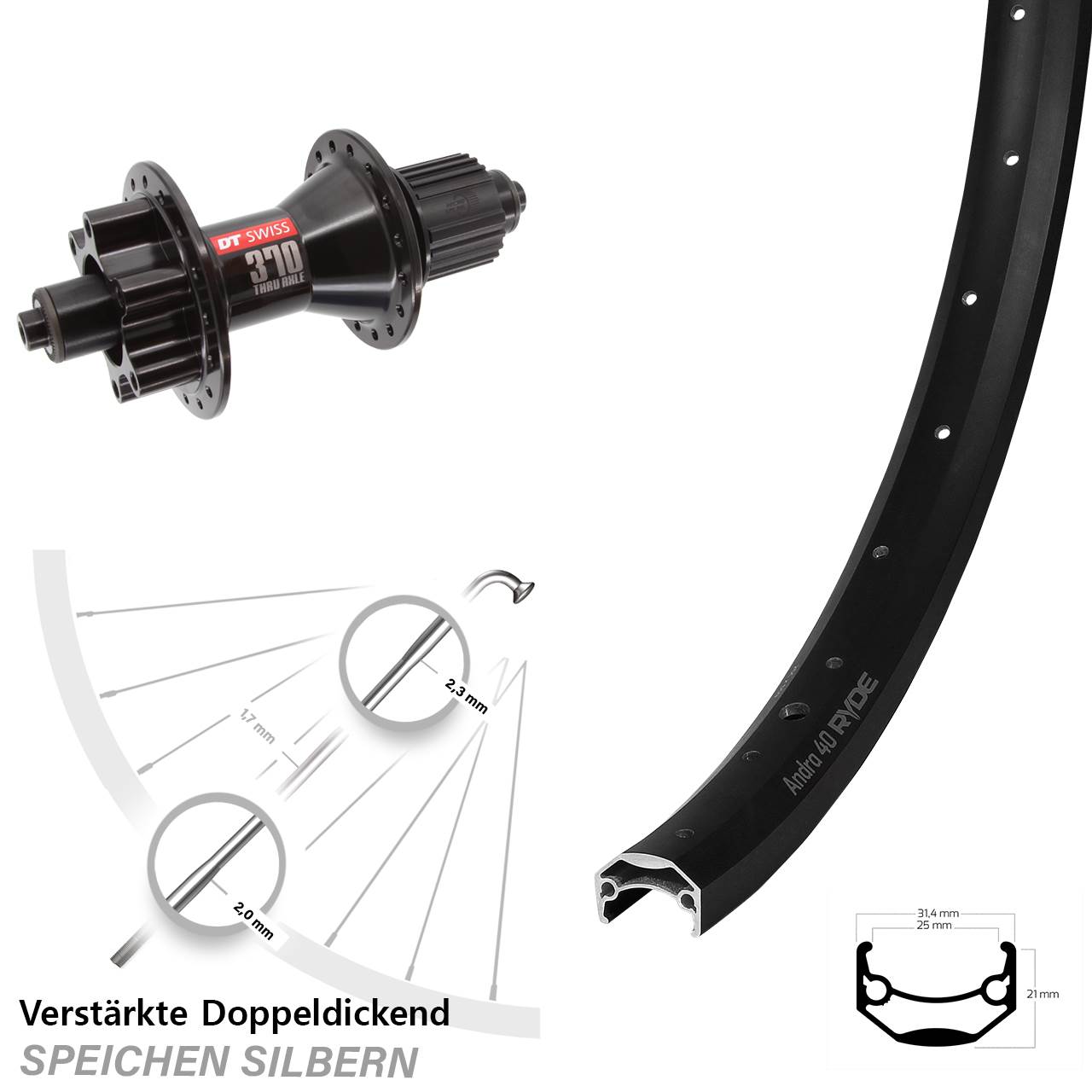 Ryde Andra 40 DT Swiss 370 Hybrid 20 Zoll Disc Laufrad QR Micro Spline