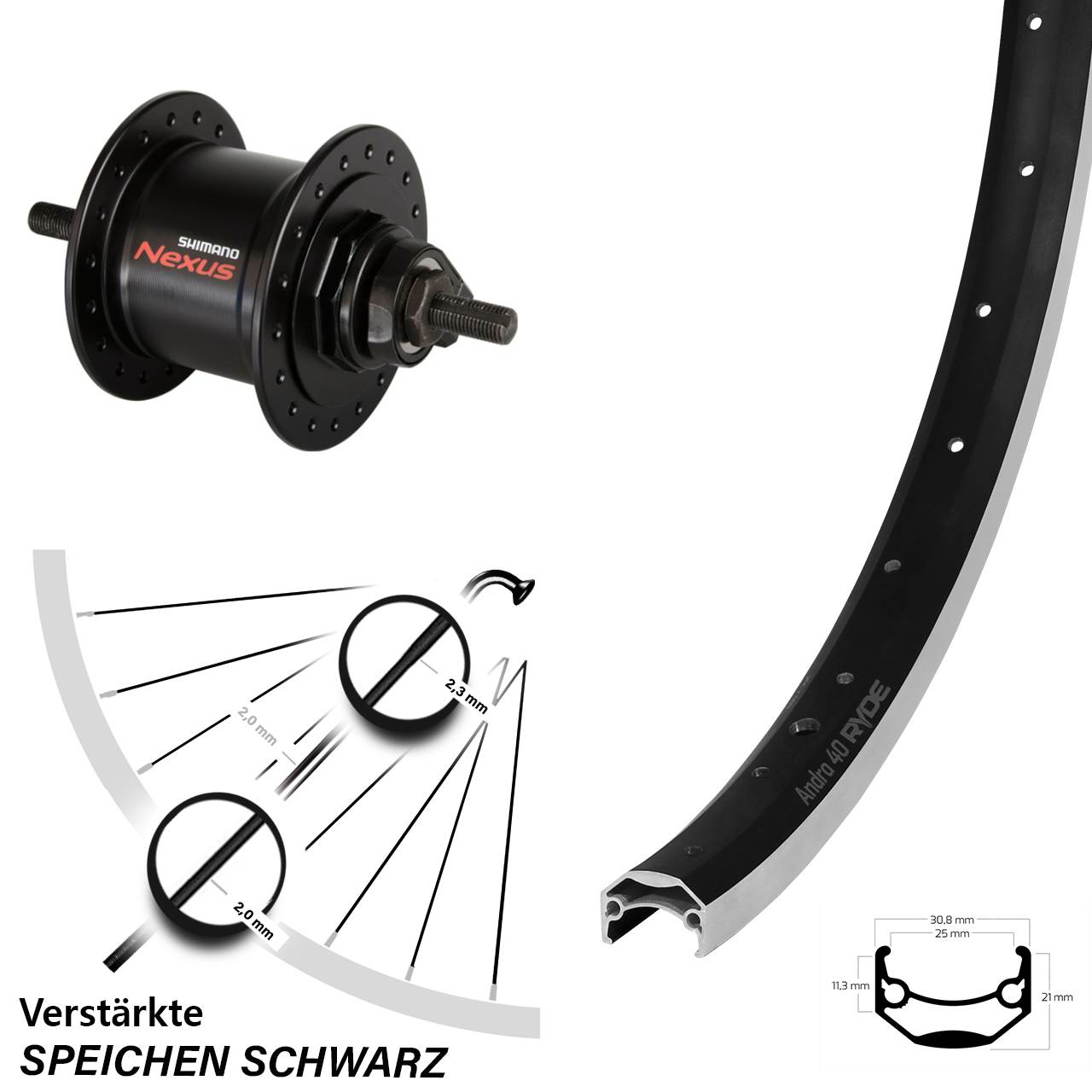 20 Zoll Ryde Andra 40 Vorderrad mit Nabendynamo Shimano 1,5 Watt