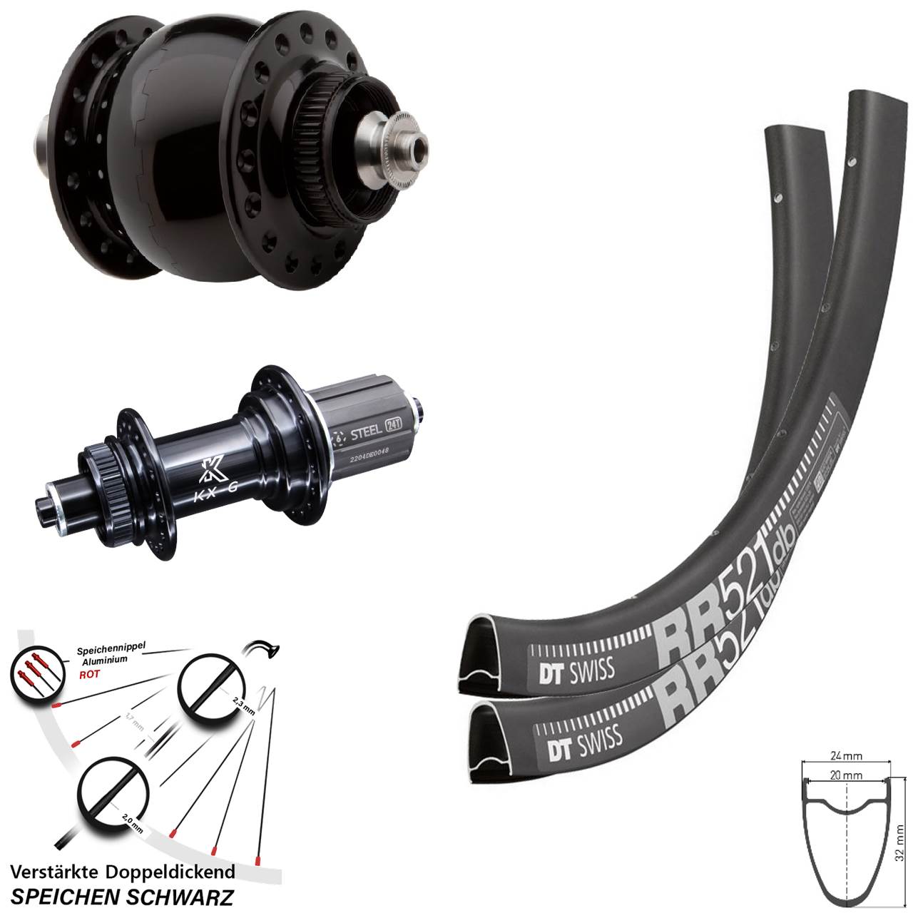 Centerlock Laufradsatz 28 Zoll DT Swiss RR 521 KX-GS verstärkt SON delux 8-12 fach QR