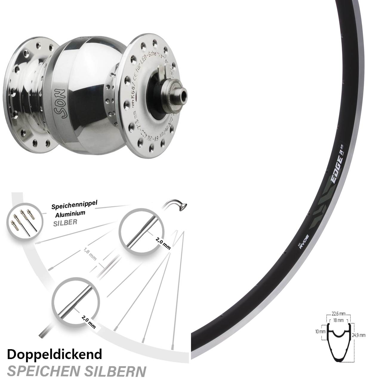 Vorderrad mit Nabendynamo SON delux Wide Body Ryde Edge R25 28 Zoll