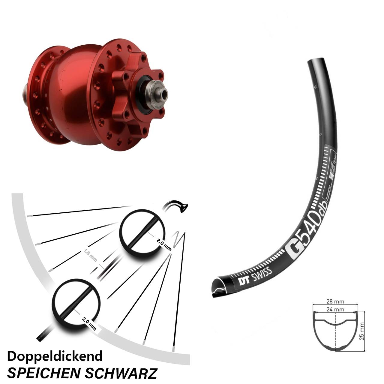 Disc Nabendynamolaufrad für Schnellspanner 650B DT Swiss G540 SON 28 rot