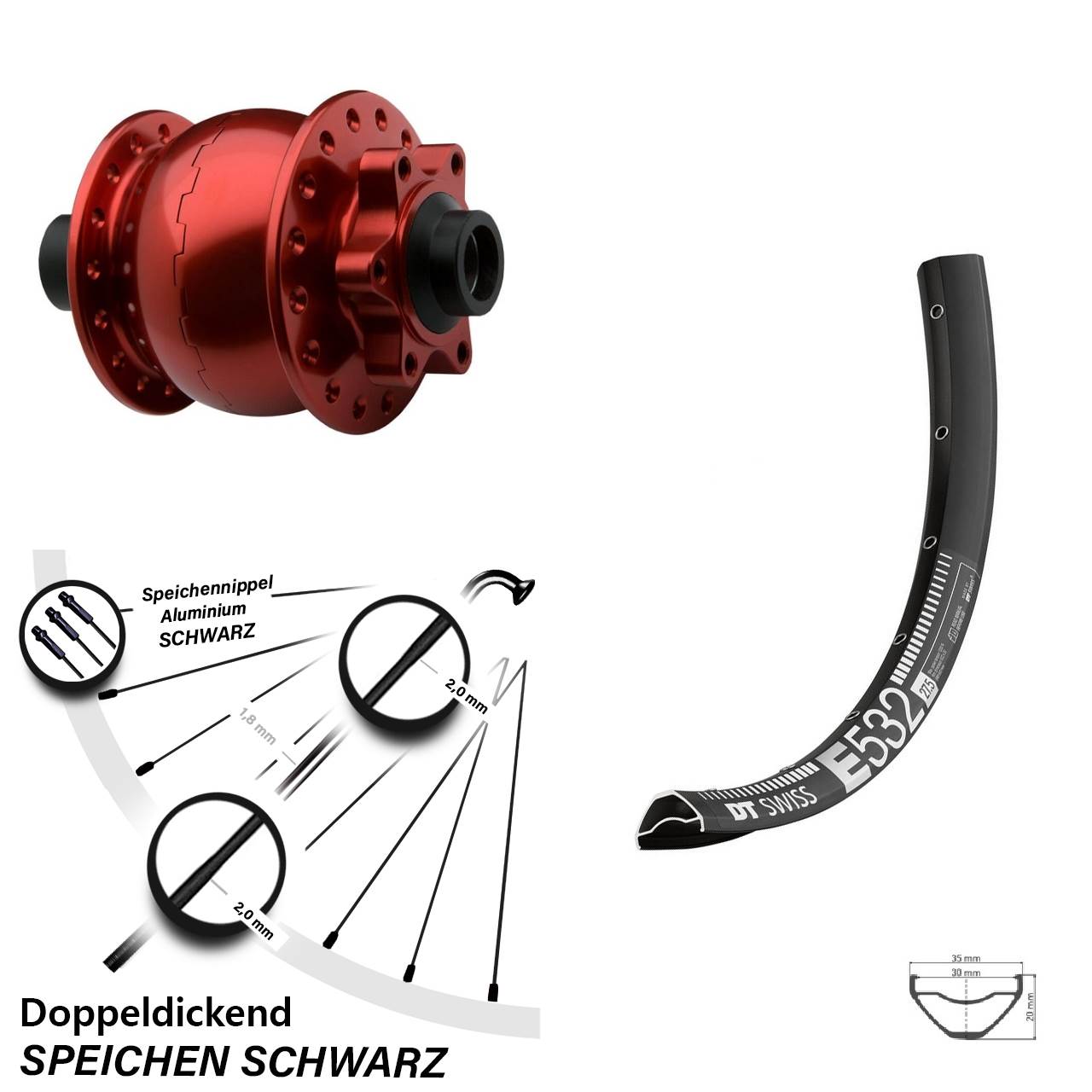 29 Zoll Vorderrad DT Swiss E 532 Dynamo SON 28-15 rot eloxiert Steckachse 6-loch