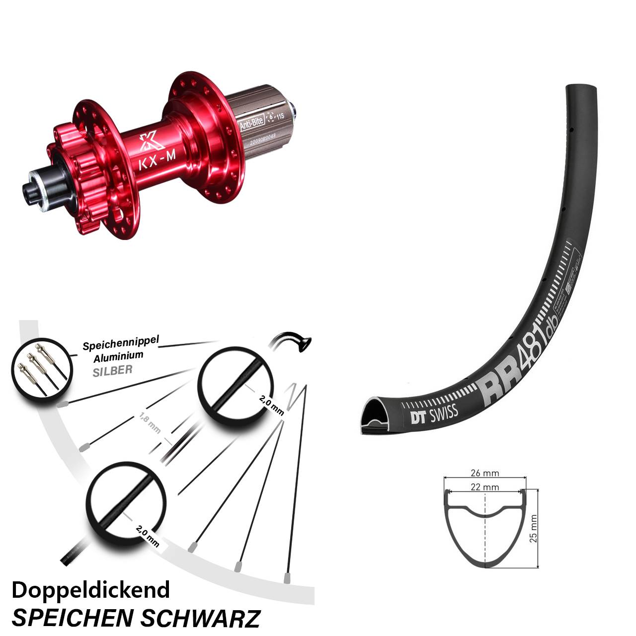 KX-M rot 5x135 mm 8-12 fach DT Swiss RR 481 DB Hinterrad 28 Zoll für 6-Loch